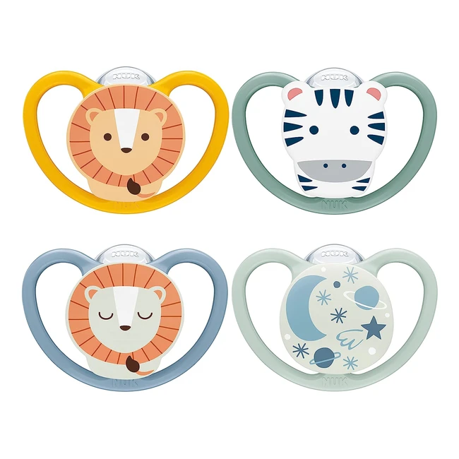 NUK Space Day Night Baby Schnuller 18-36 Monate - Leuchtender Schnuller mit Zusatzöffnungen für empfindliche Haut - BPA-frei - Zebra & Löwe - 4er Pack
