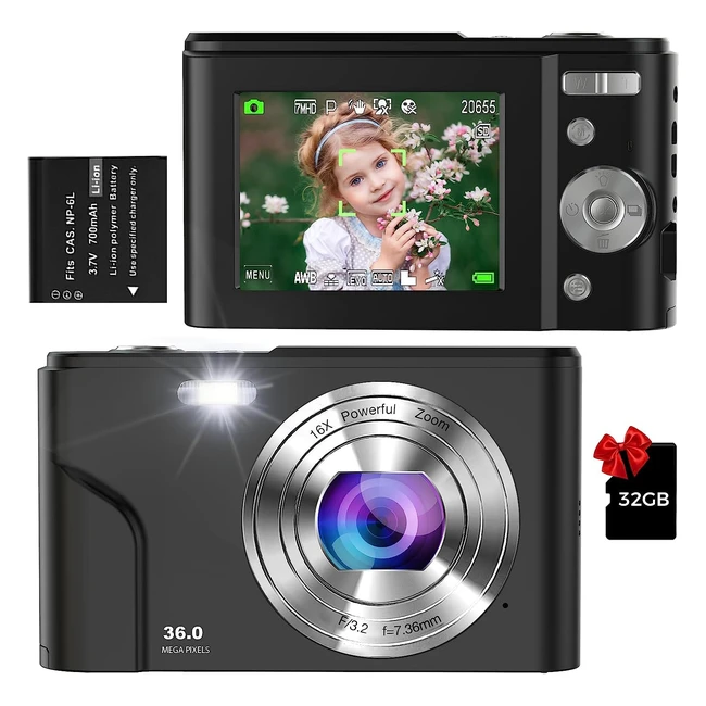 36MP Digital Camera 1080p Full HD Compact Camera with 16x Zoom - Perfect for Students and Beginners