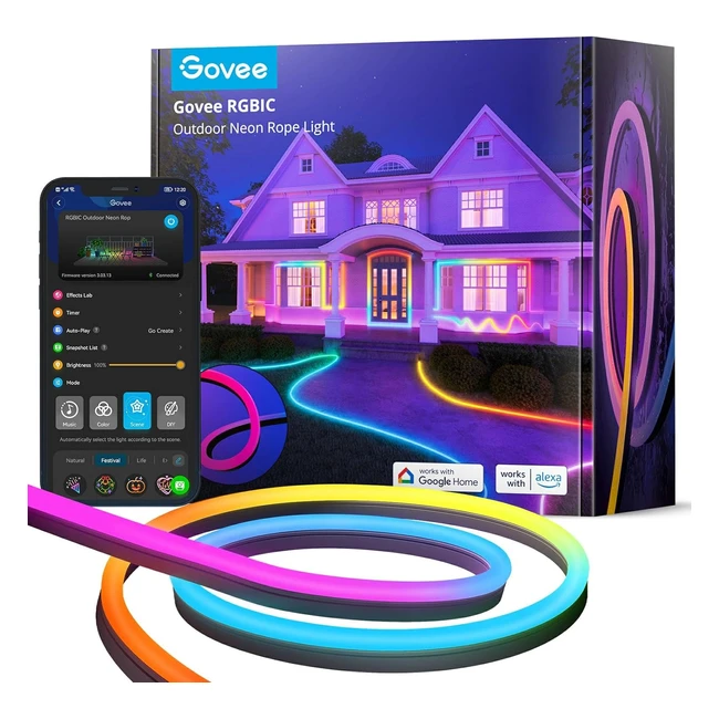 Govee Outdoor Neon Rope Lights - 10m RGBIC IP67 Waterproof - Halloween Decorations - Music Sync - Flexible Neon LED Strip
