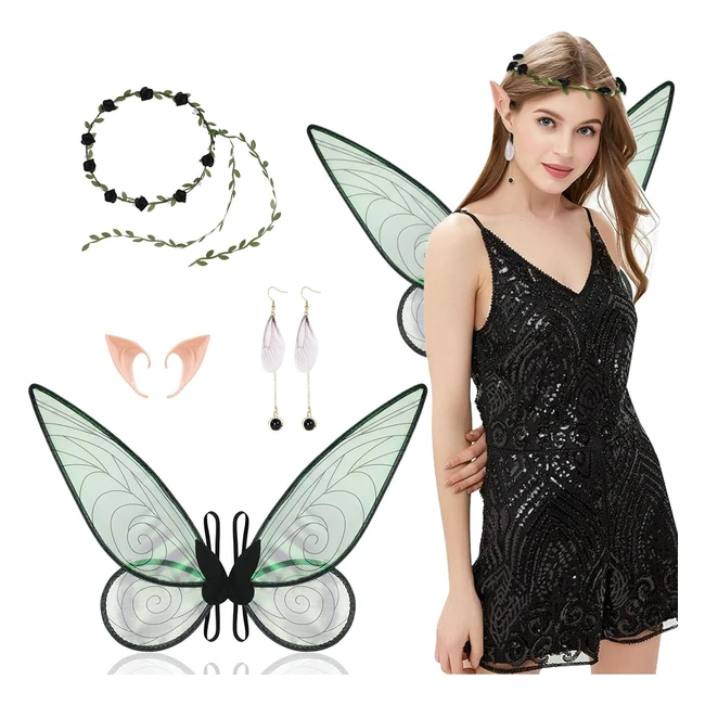 Aomig Fairy Wing Butterfly Wings for Adults Women - Sparkling Sheer Wings with Flower Headband, Elf Ears, and Earrings - Halloween Party Cosplay