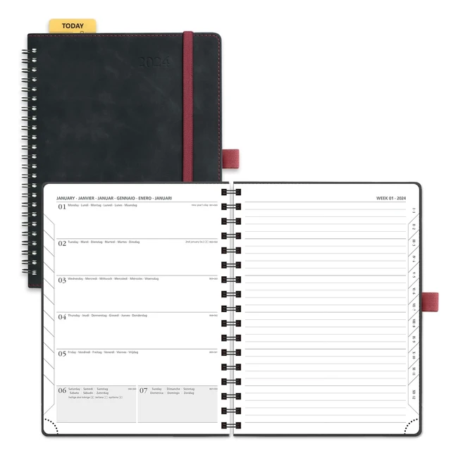 Agenda poprun 2024 semana vista, espiral 22x16.5 cm, regla posicionable, tapa blanda, papel certificado FSC negro