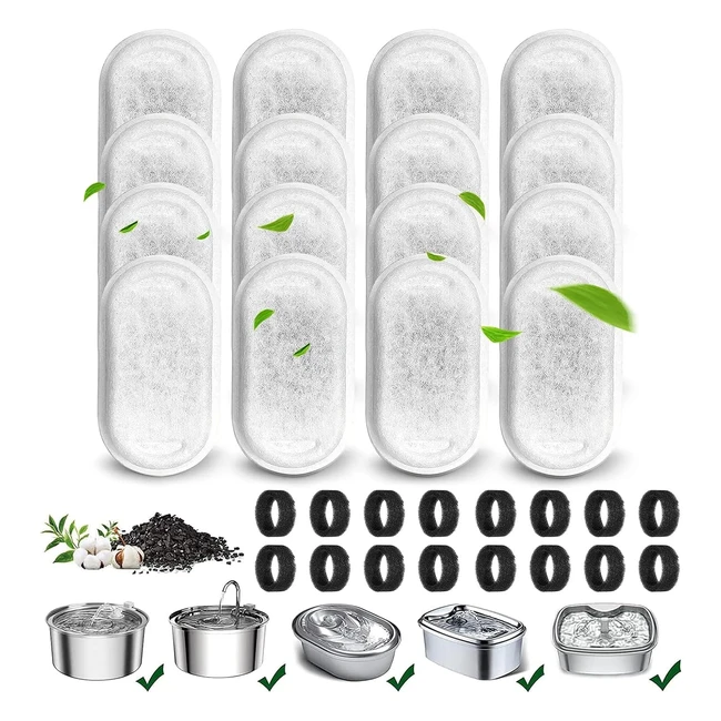 32 pces filtre fontaine eau chat inox16 filtres charbon et 16 éponges, compatible abreuvoirs inox 32L/2L