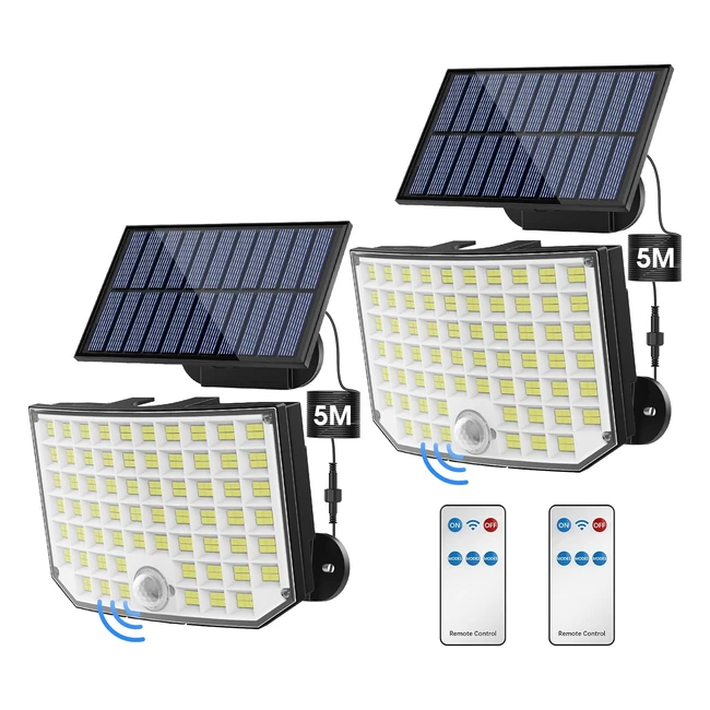Lampe Solaire Extérieur avec Détecteur de Mouvement - 256 LED Lumière Solaire Extérieur - 3 Modes - IP65 Étanchéité - Éclairage Extérieur avec Câble de 5m - 2 Paquet