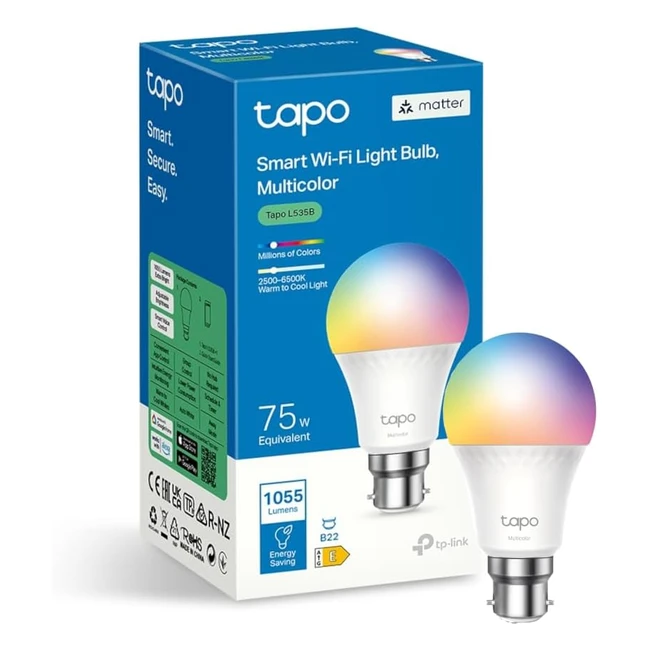 Tapo Matter Smart WiFi LED Bulb B22 86W Energy Monitoring | Apple HomeKits Alexa Google Home | ColourChangeable | No Hub | Tapo L535B