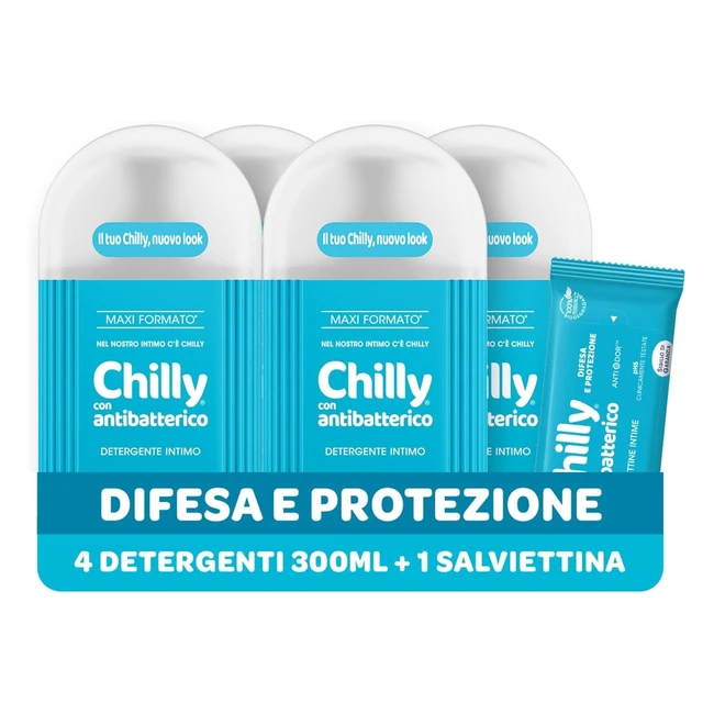 Chilly Detergente Antibatterico per Igiene Intima - Protezione e Difesa - Fragranza Timo e Salvia - pH 5 - Confezione da 4 Flaconi 300ml
