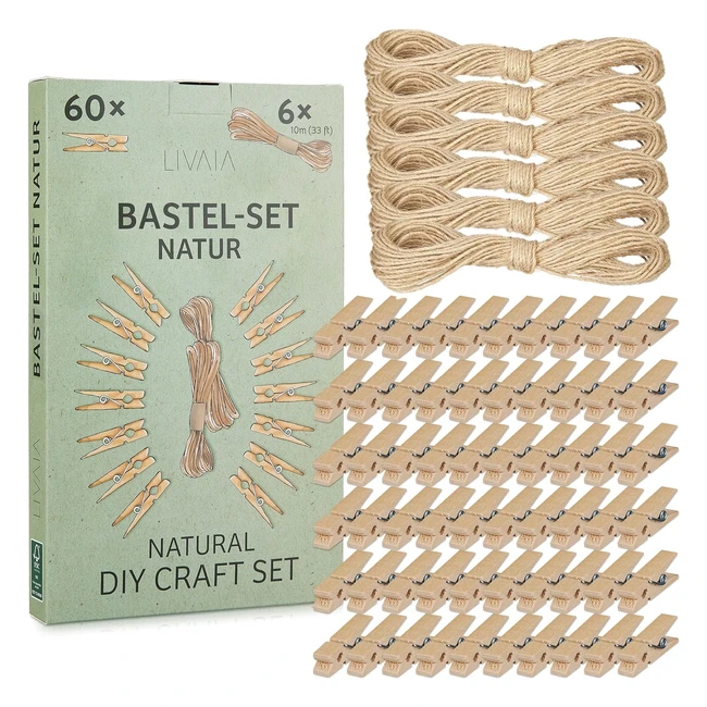 Livaia Bastelset Natur Bastelset 6 x 10 m Juteschnur und 60 Holzklammern DIY Set mit Juteband Natur Bastelset Kinder und Erwachsene