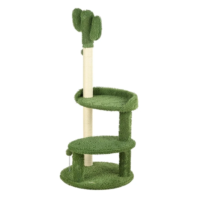 PawHut Kaktus Kratzbaum 111 cm Katzenkratzbaum mit 2 Etagen Spielball Katzenbaum Kletterbaum mit Katzenbett für Katzen bis 10 kg Sisal Grün