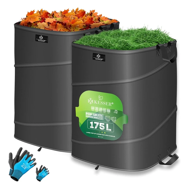 Kesser Popup Garden Bag 2 x 175 L Set | Inklusive Handschuhe | Selbststehend mit Griffen | Stabil & Robust | Faltbare Laubsäcke Rasenschnitt Gartenabfälle grün