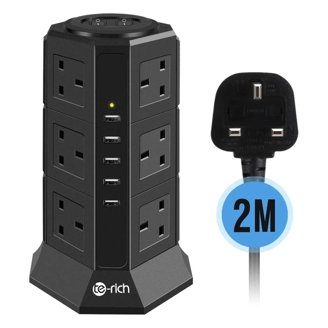 Terich 12 Gang Surge Protector Power Strip with 5 USB Chargers - 2500W10A 2m Ca