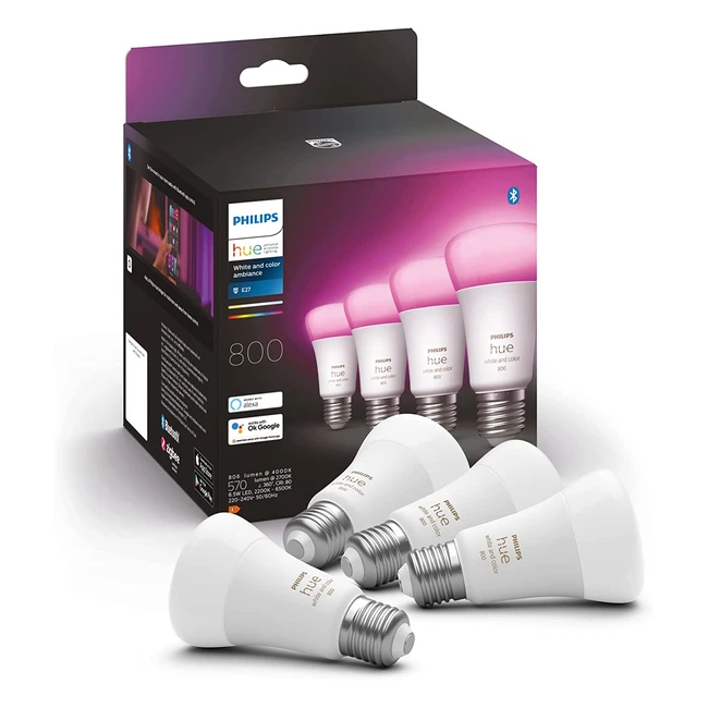 Philips Hue Smart Light Bulb 4 Pack - White  Color Ambiance 60W 800 Lumen E27 E