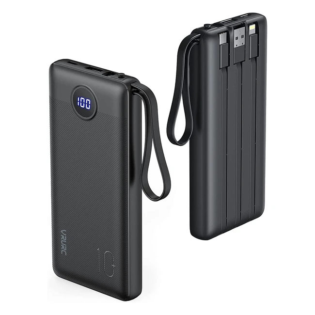 VRURC 10000mAh Power Bank with Built-In Cables and LED Display - Compatible with