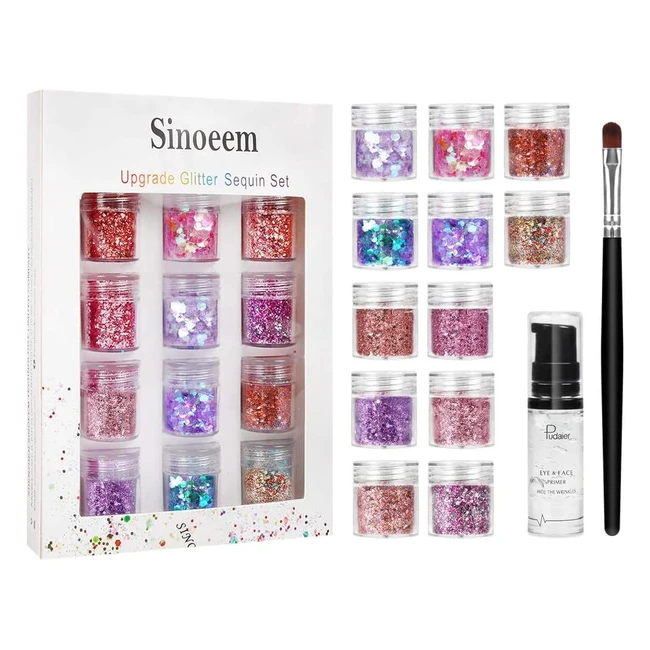 Sinoeem 12 Color Face Glitter for Body Hair  Makeup with Fix Gel  Brush - Saf