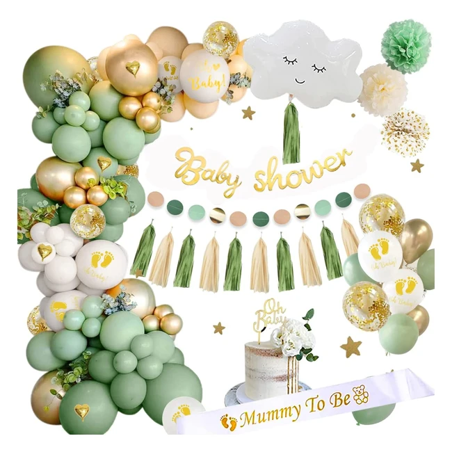 Dcoration de Baby Shower Vert Sauge avec Bannire Oh Baby Ballons et Accesso