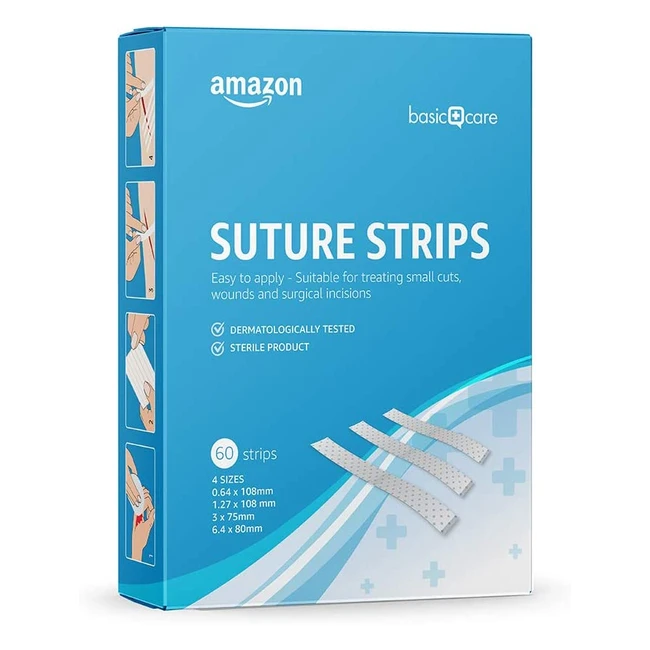 Hypoallergenic Sterile Suture Strips - Amazon Basic Care - 60 Strips in 4 Sizes