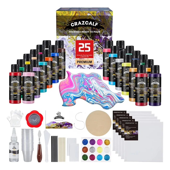 Crazcalf Acrylic Pouring Paint Set - 25 Colors 60ml High Flow Liquid Paint Kit 