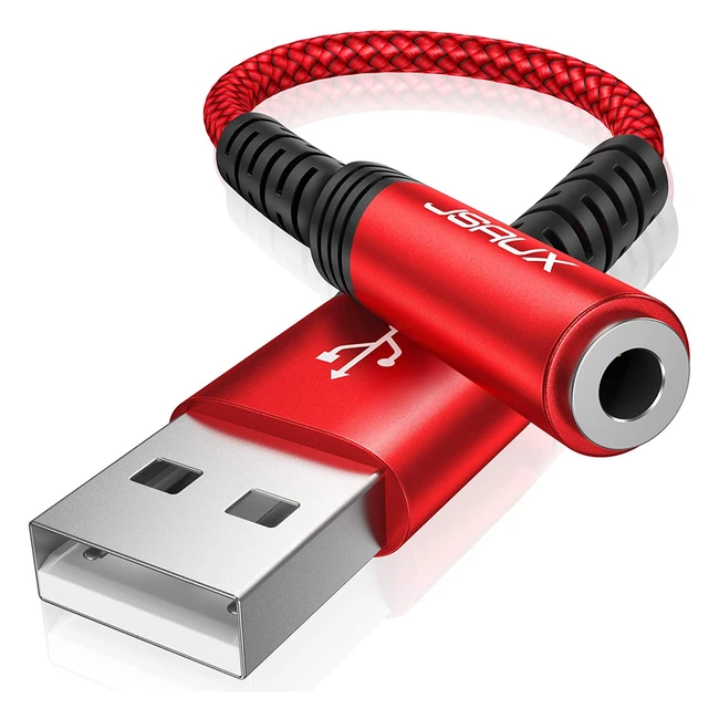 JSAUX USB to 3.5mm Jack Audio Adapter - Stereo Sound Card for Headphones, Mic, and Speakers - DAC Chip - Compatible with PC, Mac, PS4, and More - Red