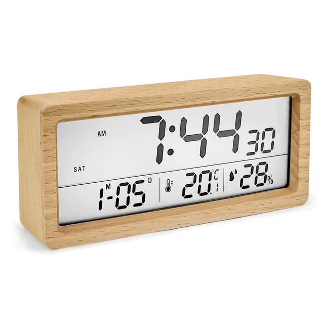 Réveil numérique en bois avec LED, fonction snooze, affichage date/température/humidité - Batterie AAA incluse