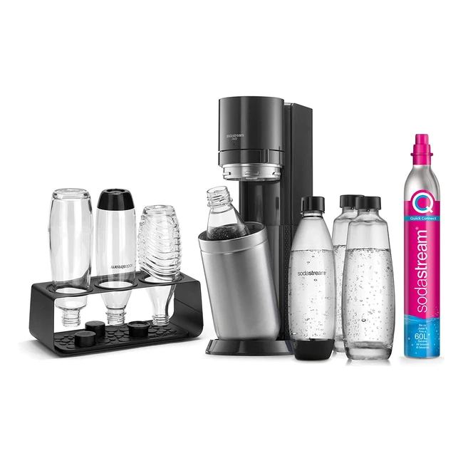 Sodastream Duo Comfort Wasser-Sprudler-Set mit CO2-Zylinder, Glasflasche, 2x 1L spülmaschinenfeste Kunststoffflaschen und stilvollem Flaschenhalter - Höhe 44 cm - Farbe Titan