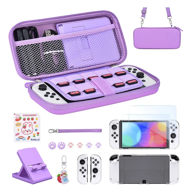 Younik Switch OLED Accessories Bundle - 15 in 1 Purple Kit with Carrying Case S