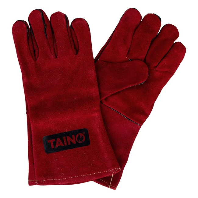 Taino Grillhandschuhe Leder hitzebeständig | Ofenhandschuhe mit Fingern | Universalgröße | Rot