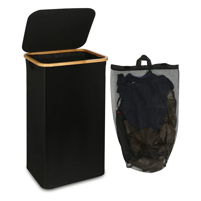 Panier à linge efluky avec couvercle et poignées en bambou - 100L - Sac intérieur amovible - Noir