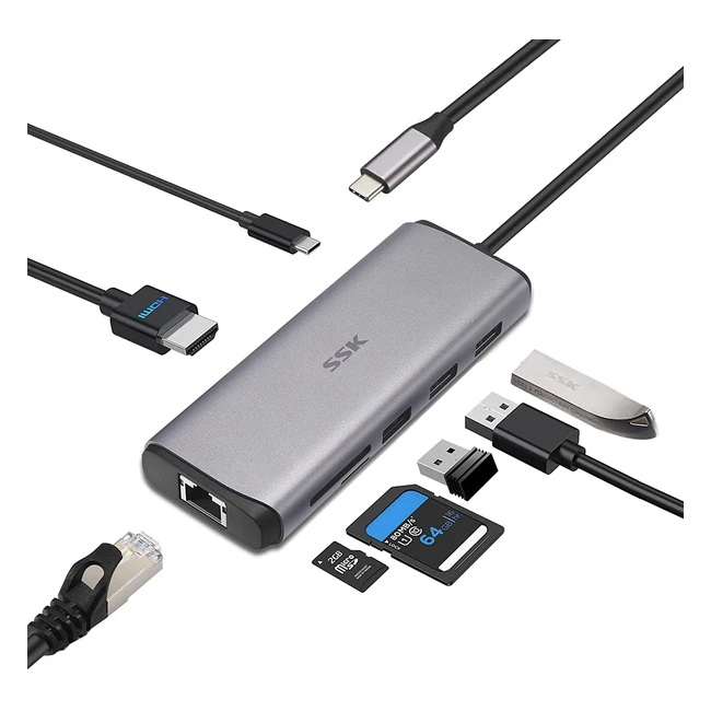 SSK USB C Hub 8in1 Type C Multiport Adapter - 4K HDMI, RJ45 Ethernet, PD30, 2 USB 3.0, 1 USB 2.0, SD/TF Card Reader