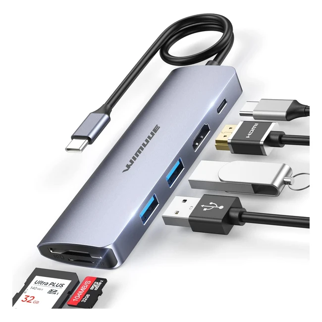 Wimuue 7-in-1 USB C Hub with 100W Power Delivery, 4K HDMI, 2 USB 3.0 Ports, MicroSD/SD Card Reader - for MacBook Pro/Air, Thunderbolt 3, USB Type C Laptop