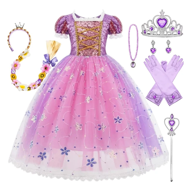 Robe de princesse Raiponce pour fille avec accessoires - Cosplay, fête, Halloween, Noël, carnaval