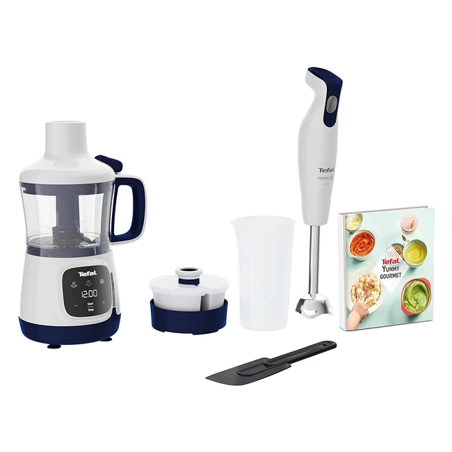 Tefal HB55W4 Yummy Gourmet Baby Food Preparer - Hand Blender, Spatula, Measuring Cup, 2x Ceramic Containers, Recipe Book, Touchscreen, BPA-Free, Dishwasher Safe - White/Blue