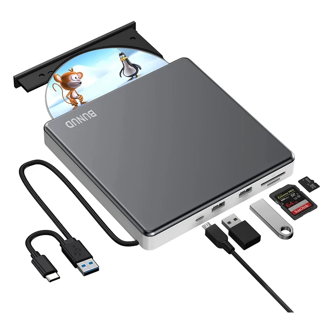 Portable CD/DVD Drive USB 3.0 Type-C with SD/TF Slot and USB Ports - Compatible with Mac, PC, and More