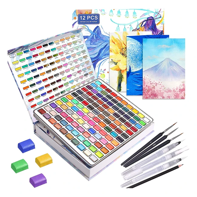 Gunsamg 120 Premium Watercolour Paint Set - Vibrant Colors, 3 Brushes, 3 Brush Pens, 1 Pencil, 12 Sheets Watercolour Paper, Portable Box