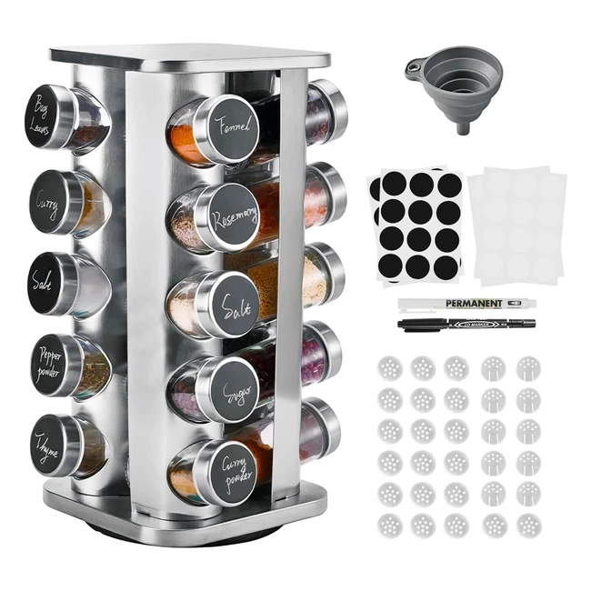 Miorkly Square Spice Rack Organizer with 20 Jars - Rotating, Thick and Strong - Perfect for Cooking