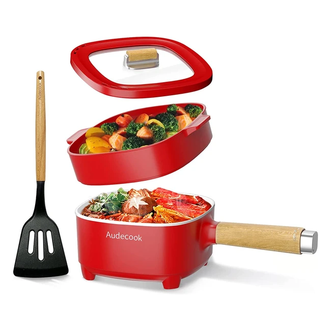 Audecook Electric Hot Pot with Steamer - 2L Nonstick Frying Pan - Portable Travel Cooker for Ramen, Steak, Egg, Fried Rice, Oatmeal, Soup - Dual Power Controllable - Red