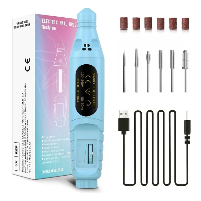 Portable Electric Nail File Set - Adjustable Speed 20000rpm with 6 Drill Bits fo