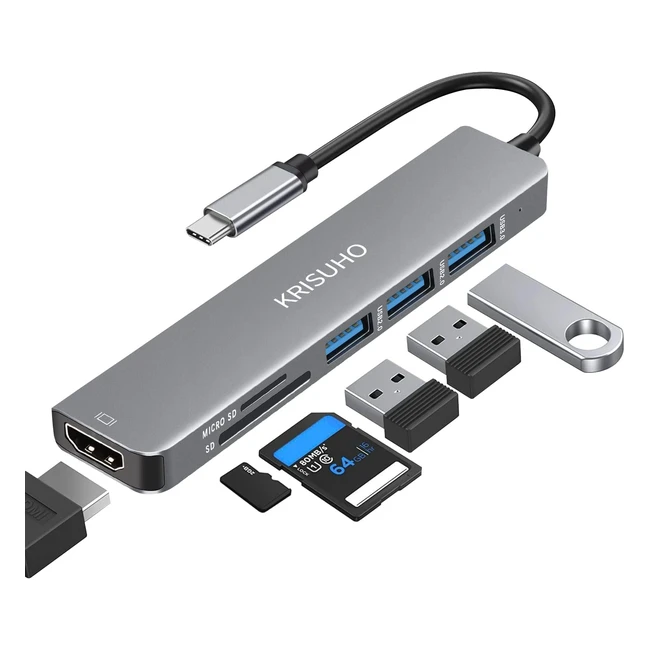 Krisuho 4K HDMI USB-C Adapter - 6-in-1 SD Card Reader Hub for MacBookXPSSamsun