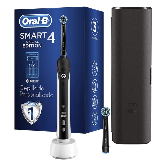 Cepillo de dientes eléctrico Oral-B Smart 4 con tecnología Braun, 2 cabezales de recambio y funda de viaje - Negro