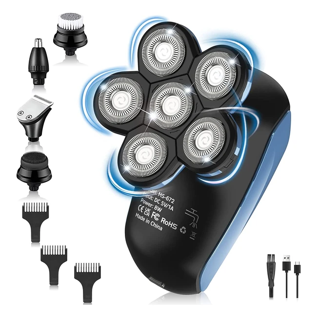Rasoir électrique 6 en 1 rechargeable USB avec tête rotative 6D et écran LCD - Pour hommes chauves