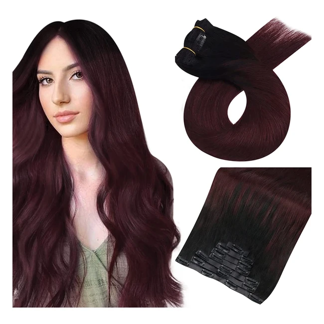 Extension Cheveux Naturel Clip Noir 16 Pouces Remy Hair Tie and Dye Ombre Noir Rouge Vin 7 Pièces 120g