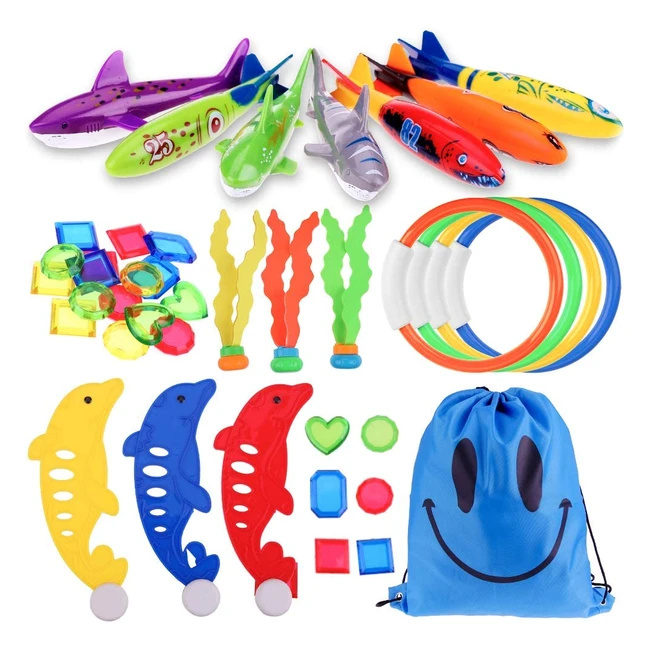 Conjunto de juguetes de buceo para niños - 34 piezas con torpedos, anillos, algas, gemas, delfines y tiburones