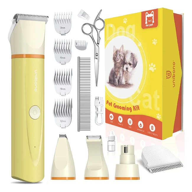 Unibono Cordless Pet Clipper for Dogs & Cats - Low Noise, Precise Trimming, Nail Grinder - Yellow
