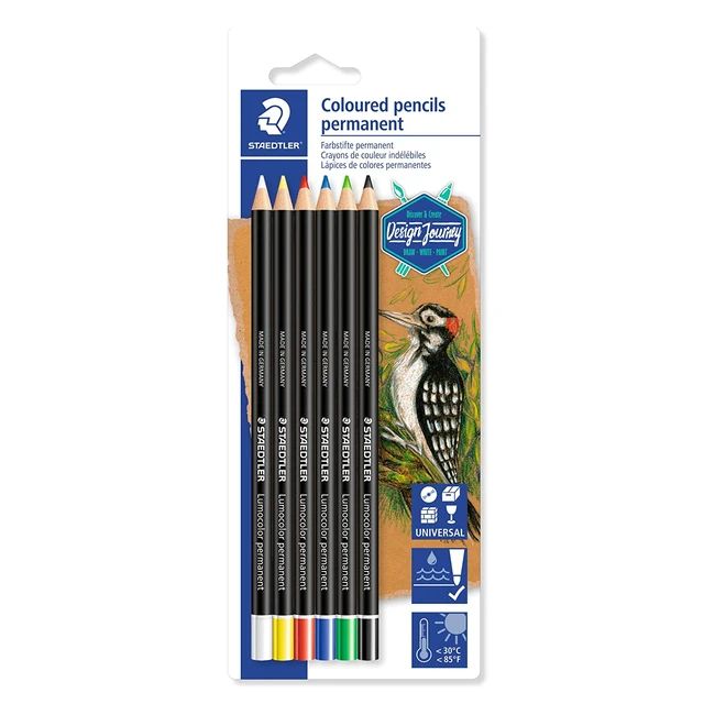 Crayons permanents Staedtler Lumocolor Glasochrom pour surfaces résistantes à l'eau et à la lumière - 6 couleurs intenses assorties