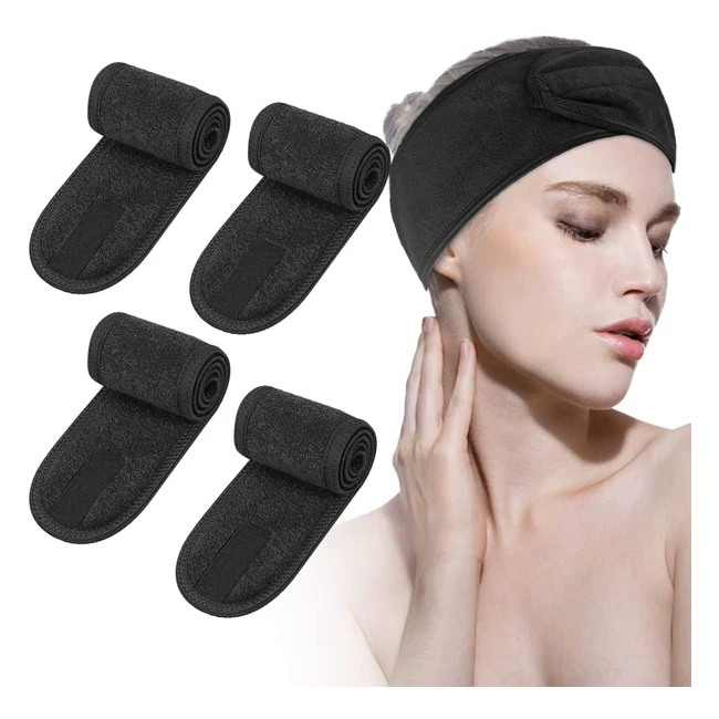 4pcs Spa Headbands for Women & Girls - Non-slip & Adjustable - Perfect for Skincare, Yoga, Sports - Black
