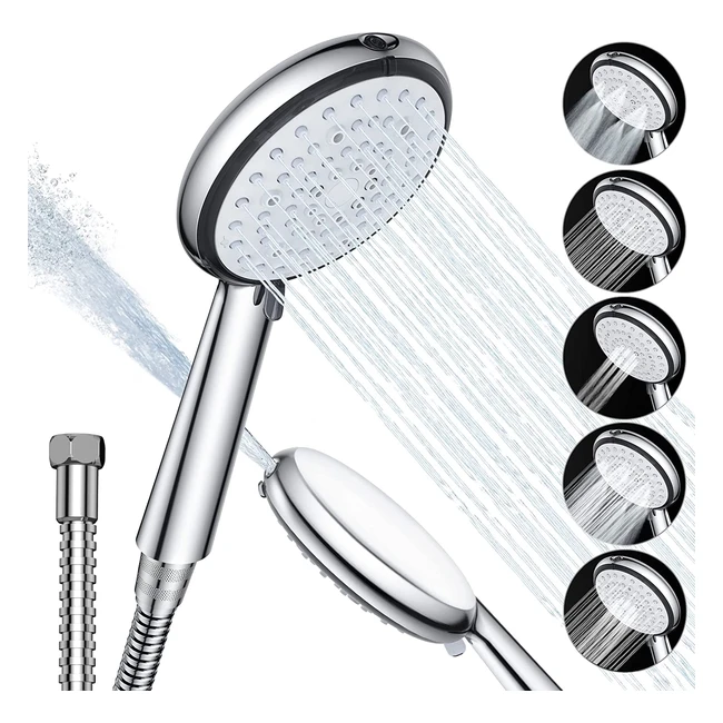 Ouben Shower Head and Hose - 6 Spray Modes High Pressure Water Saving Chrome 