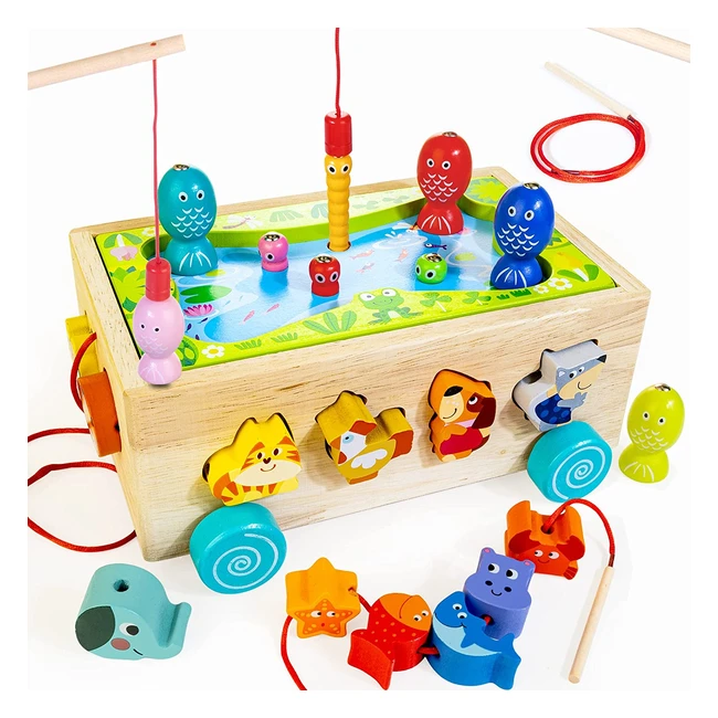 Jouet Montessori en bois 5 en 1 pour enfants de 2 à 4 ans - Voiture de jeu de pêche magnétique avec blocs d'animaux - Cadeau éducatif pour garçons et filles