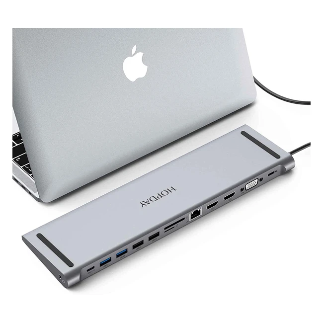Hopday 13-in-1 USB-C Docking Station with 4 USB 3.0, Dual 4K HDMI, VGA, Gigabit Ethernet, SD/TF Slots, 3.5mm Audio, Mic, 100W PD Port for Full-Featured USB-C Laptops