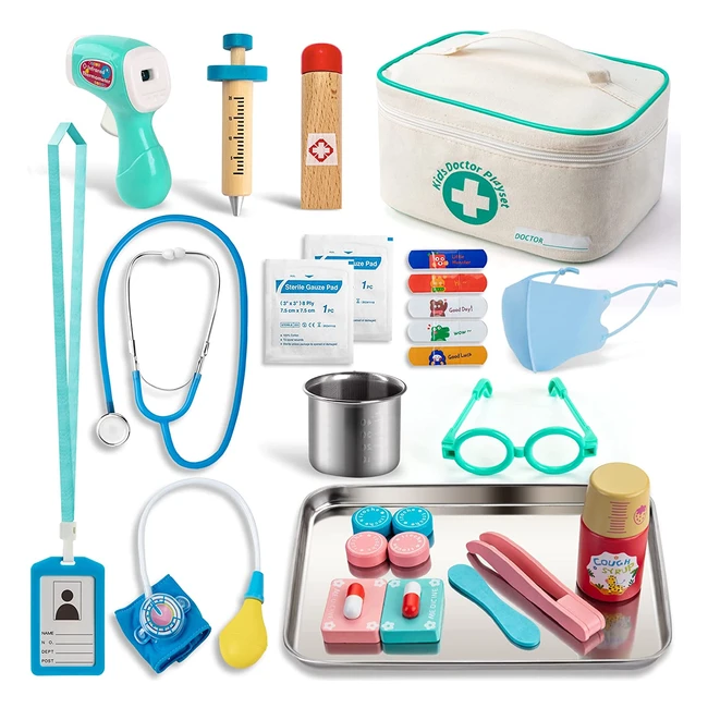 SundayMot Kids Doctor Kit Toy - Real Wooden Stethoscope Thermometer Syringe a