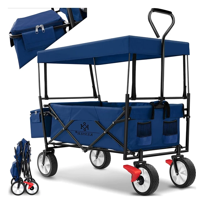Kesser Faltbarer Handwagen mit Dach, 100 kg Tragkraft, inkl. 2 Netztaschen und Außentasche, faltbare Vollgummireifen, Frontbremse, Blau