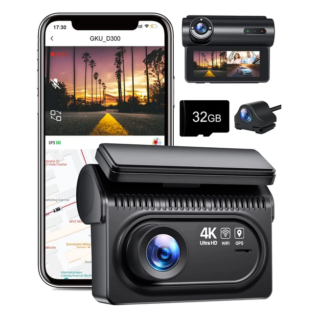 Dash Cam 4K WiFi GKU 3 - Telecamera per auto con scheda SD inclusa, visione notturna, GPS, sensore G, registrazione in loop, grandangolo 170°, monitor di parcheggio - 3 obiettivi