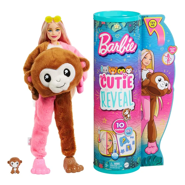 Poupe Barbie Cutie Reveal Jungle avec costume de singe en peluche 10 surprise