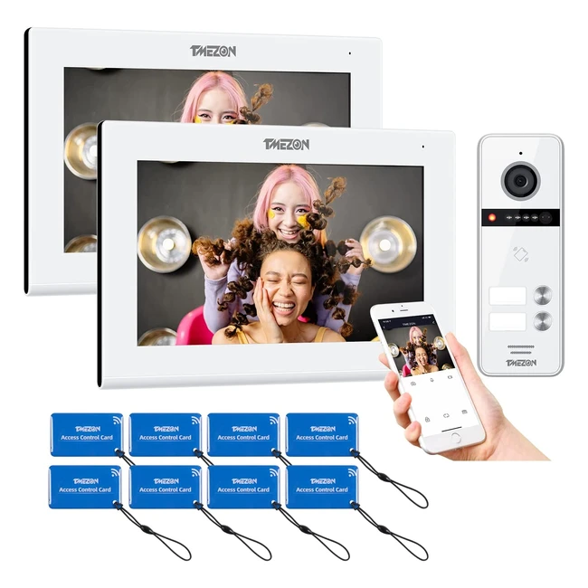 Visiophone WiFi TMEZON 1080p Interphone 4 fils 7 pouces IP Moniteur tactile Sonnette caméra filaire vision nocturne pour 2 familles, carte RFID et WiFi Tuya